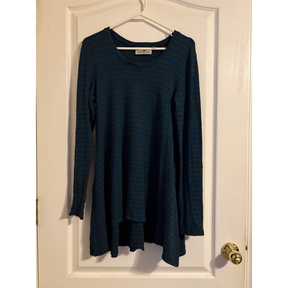 Goddess Gear Tunic Top Womens Medium Blue Striped Excellent Long Sleeve Bamboo